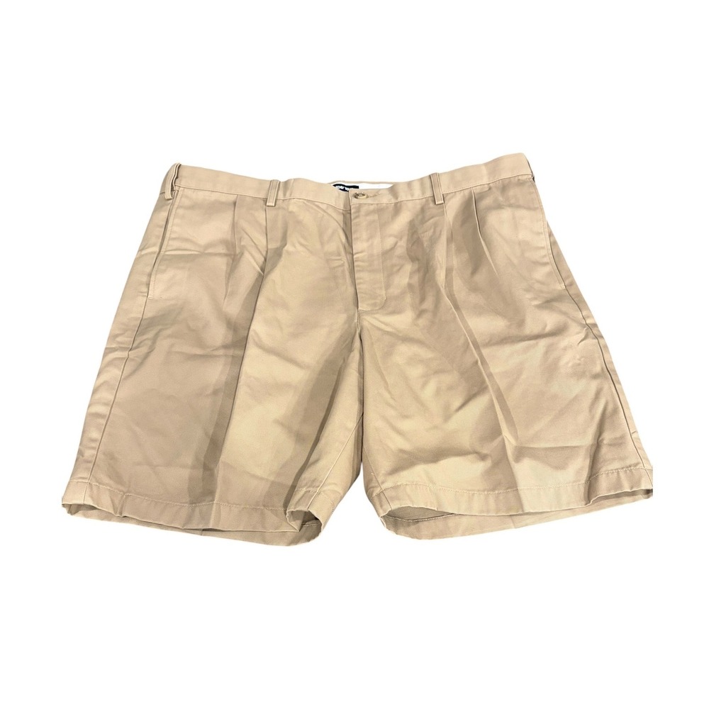 Lands End Mens Khaki Pleated Chino Shorts Tan Cotton Twill Size 42 9 Inch Inseam